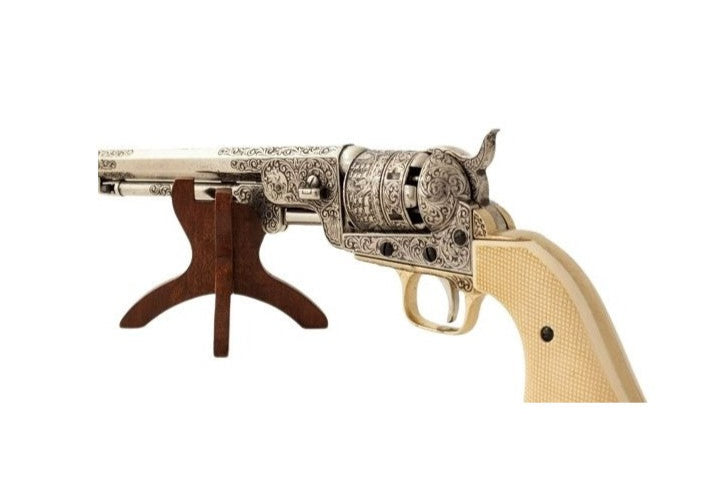 1851 Engraved Navy Non-Firing Revolver, Silver with Faux Ivory Handles - TCN VAULT