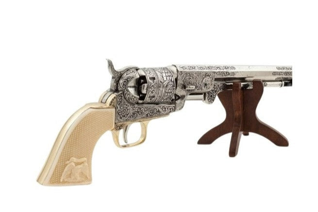 1851 Engraved Navy Non-Firing Revolver, Silver with Faux Ivory Handles - TCN VAULT