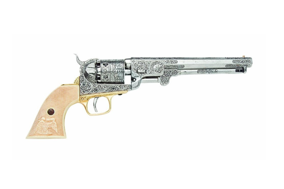 1851 Engraved Navy Non-Firing Revolver, Silver with Faux Ivory Handles - TCN VAULT