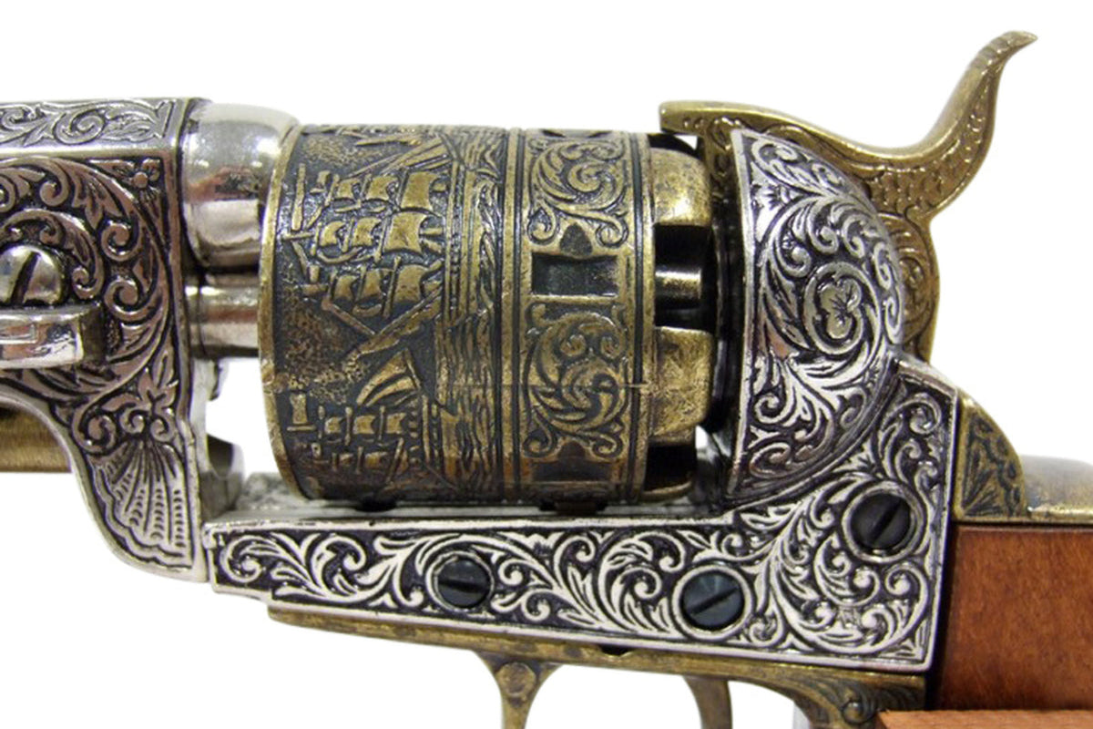 Denix 1851 Engraved Navy Non-Firing Revolver, Gold and Nickel Finish - TCN VAULT