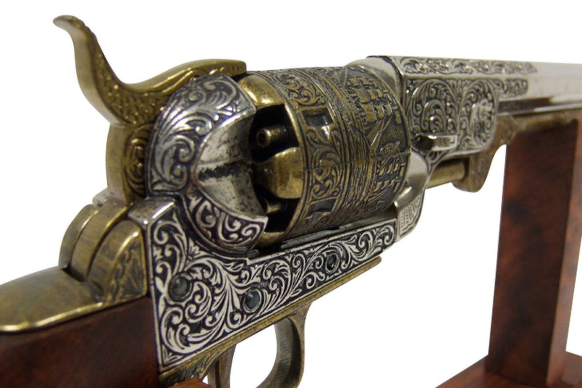 Denix 1851 Engraved Navy Non-Firing Revolver, Gold and Nickel Finish - TCN VAULT