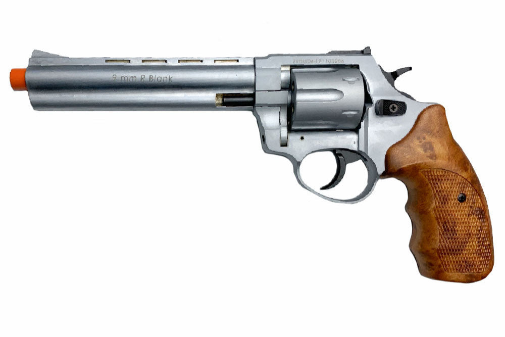 Zoraki R1 6 Inch Barrel Front Firing Blank Revolver With Wood Grips, Silver - TCN VAULT