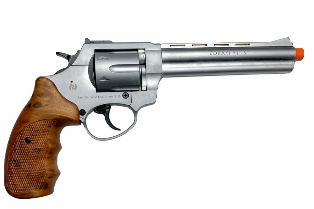 Zoraki R1 6 Inch Barrel Front Firing Blank Revolver With Wood Grips, Silver - TCN VAULT