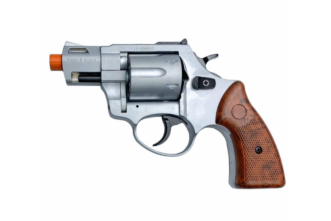 ZORAKI R2 2-Inch Barrel Front Firing Blank Revolver, Silver with Faux Wood Grips - TCN VAULT