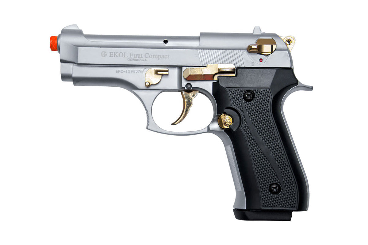 EKOL Firat Compact 9mm Front Firing Blank Gun, Nickel with Gold Accent - TCN VAULT