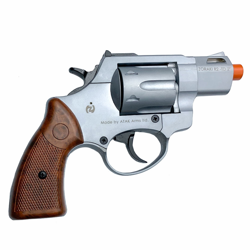 ZORAKI R2 2-Inch Barrel Front Firing Blank Revolver, Silver with Faux Wood Grips - TCN VAULT